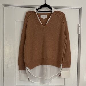 Brochu Walker Tan V-Neck Sweater with Cream Layer